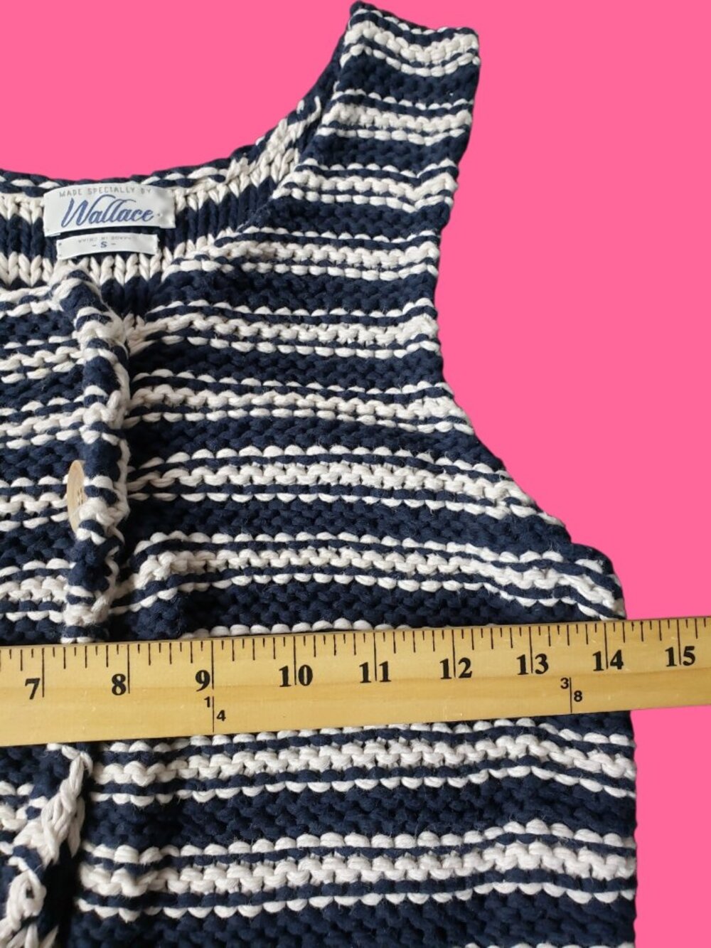 Wallace Vtg Womens Striped Crochet Knit Button Vest Navy & Beige Small - Picture 5 of 8